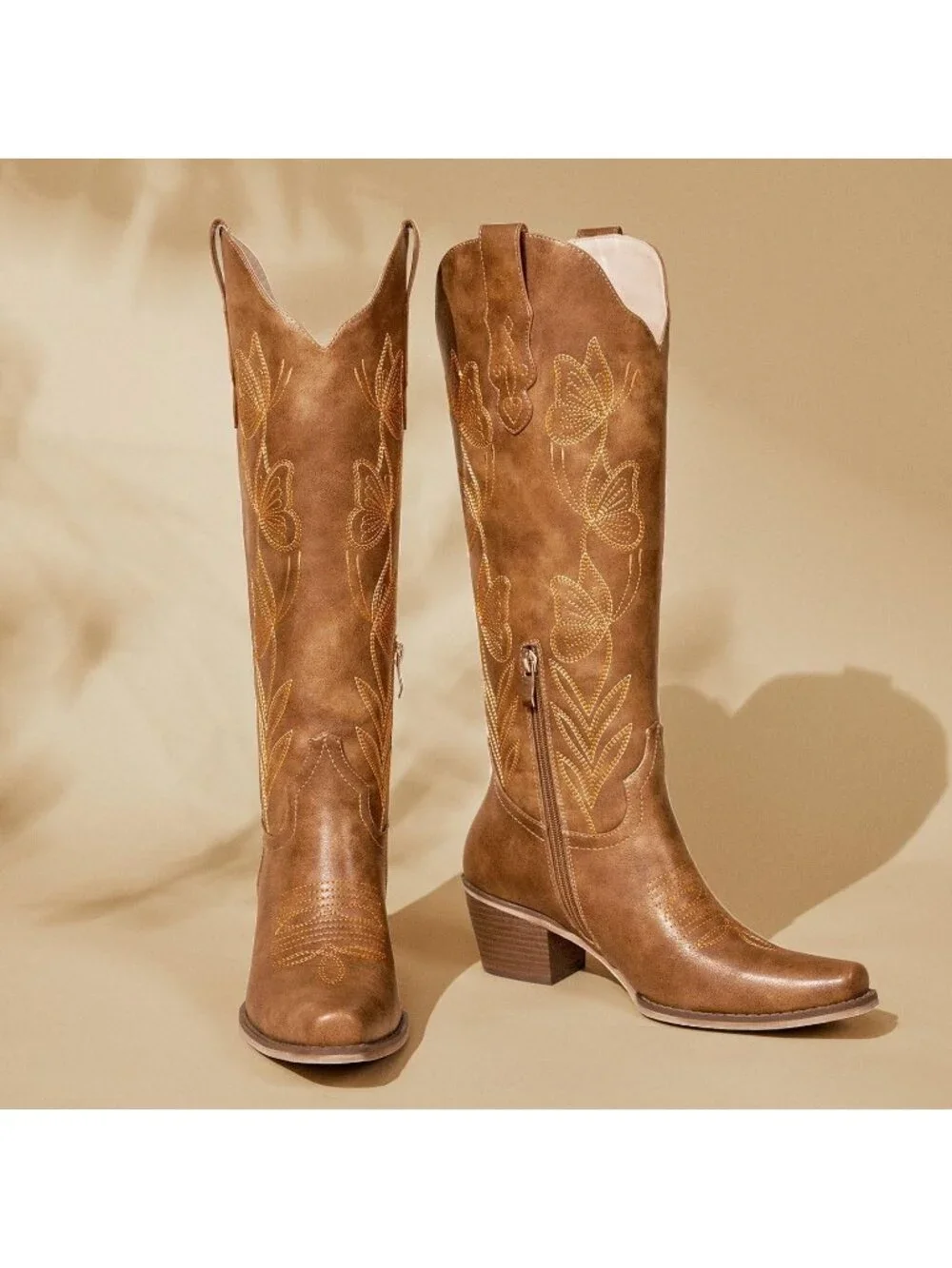 Women's Classic Brown Butterfly Faux Leather Knee High Western Cowgirl Boots
